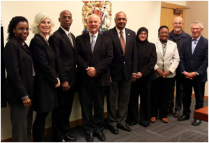 Left to right: JES Guyana Country Representative Rolinda Kirton, JES Guyana Project Manager Evelyn Neaman, Justice Brassington Reynolds, Chief Judge Thomas Crabtree, Chancellor Carl Singh, Director of Public Prosecutions Shalimar Ali-Hack, Chief Magistrate Ann McLennan,  Vancouver lawyer Chris Johnson, and Judge Michael Hicks (retired) 