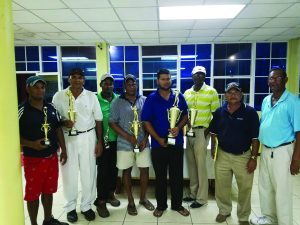 (L-R) Avinash Persaud; Fazil Haniff; Lakeram Ramsundar; Asrodeen Sawh; Richard Haniff; Peyton George, standing in for Balgobin Ragnauth; Captain Chatterpaul Deo and Vice President Patrick Prashad