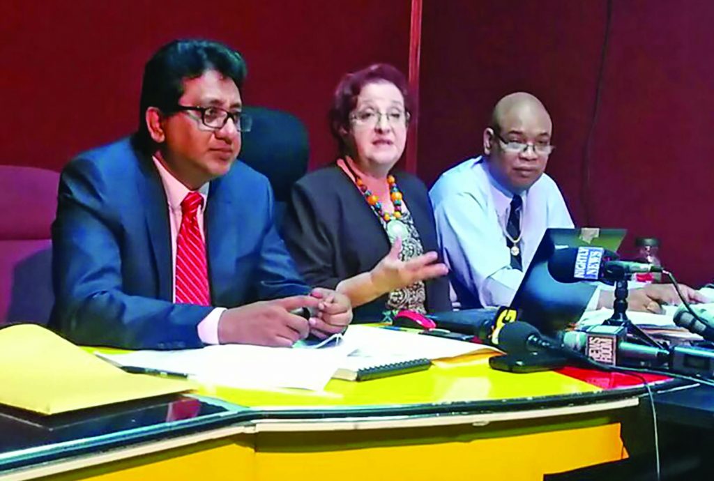PPP/C MP and former Attorney General, Anil Nandlall; Opposition Chief Whip Gail Teixeira and PPP/C MP and former Junior Finance Minister Juan Edghill at a news conference on Monday