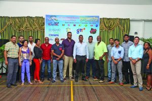 GMR&SC President Raj Boodhoo (centre) with other members of the Sports Club at the launching on Friday (Marceano Narine Photo)
