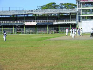 Chase Academy celebrate another wicket in the destruction of Christ Church Secondary at Bourda 