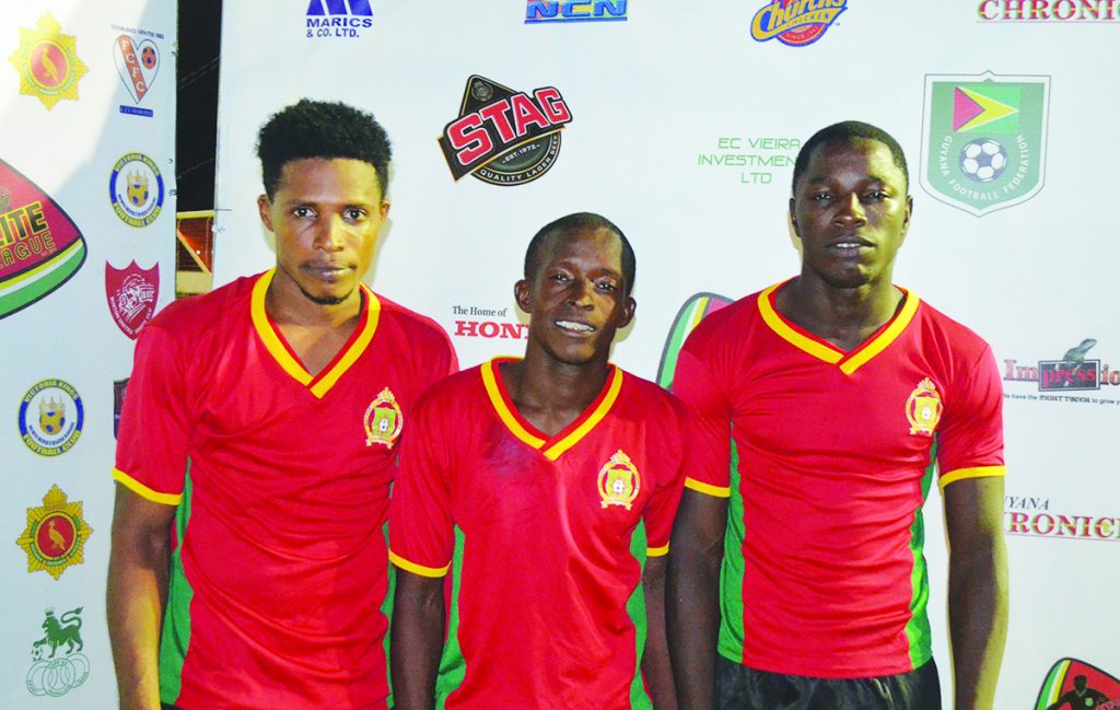 (L-R): GDF’s goal scorers Delroy Fraser, Delwin Fraser and Sherwyn Caesar 