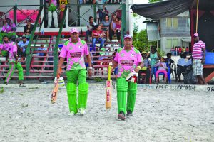 Sahadeo Hardaiow (left) and Hafeez Ali recently walked out to bat against St. Cuthbert’s Mission 