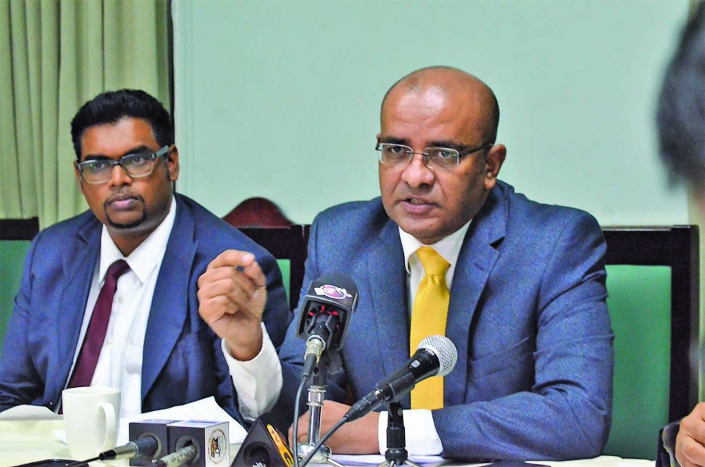 Opposition Leader Bharrat Jagdeo and PPP/C MP Irfaan Ali at the post-Budget Presentation press briefing 