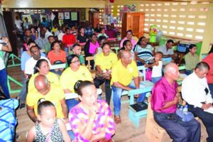 A section of the miners gathered for the meeting with Minister Raphael Trotman in Lethem, Region Nine