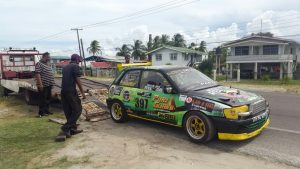 Reaz’s Toyota Starlet being loaded before practice to the track