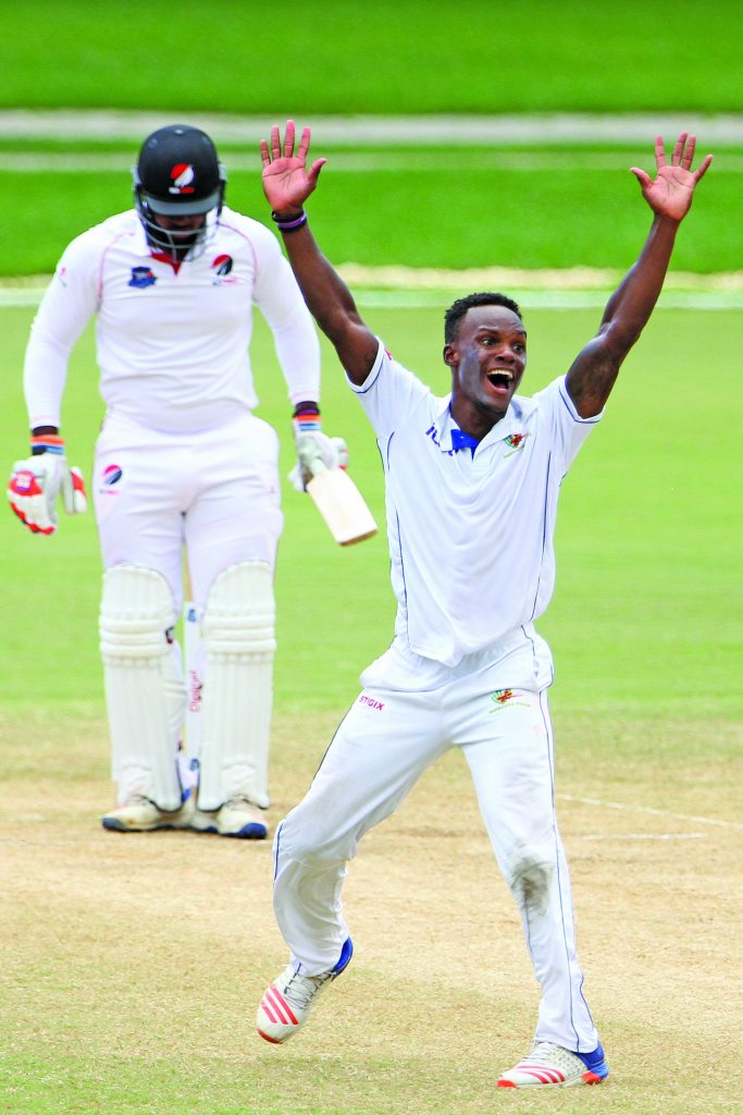 Kevin Stoute appeals for a LBW decision against Roshon Primus at the Queen’s Park Oval
