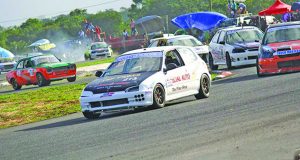 Group two driver Shan Seejatan leads the pack at last year’s final leg of the CMRC 2015 in Guyana. (Rohindra Mahase photo) 