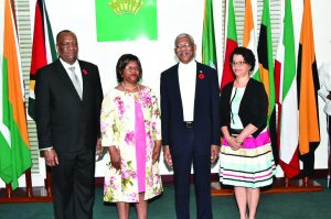 South African High Commissioner to Guyana, Xoliswa Nomathamsanqa Ngwevela and President David Granger in company of  Minister of State, Joseph Harmon and Director General of the Foreign Affairs Ministry, Audrey Waddell  