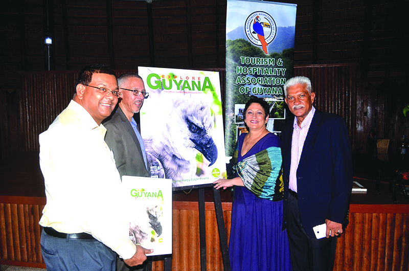 Business Minister Dominic Gaskin; GTA Director Indranauth Haralsingh; President of THAG, Andrea de Caires; and the Publisher of Explore Guyana, Lokesh Singh unveil the 2017 Explore Guyana magazine 