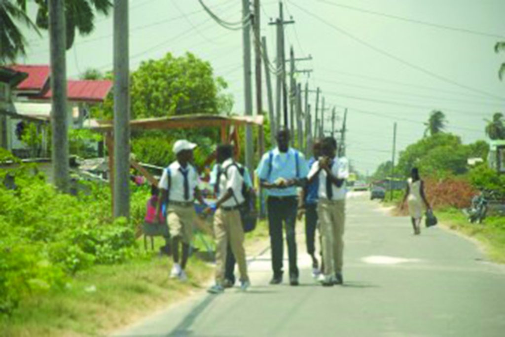 Boys walking home from school in the village