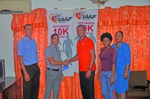 From left: Assistant AAG Council Member Silus Brummel; CEO of Fitness Express, Jamie McDonald; AAG President Aubrey Hutson, PRO Tamica Garnett and Competitions Director of Road Race Yvonne October at the launch at Olympic House 