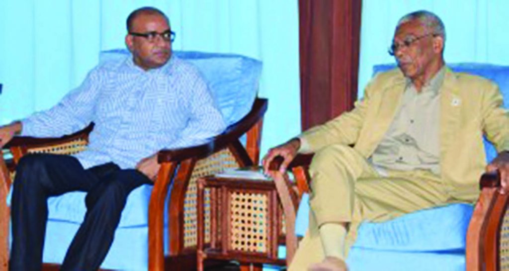 President David Granger (right) met with Opposition Leader Bharrat Jagdeo at the Ministry of the Presidency