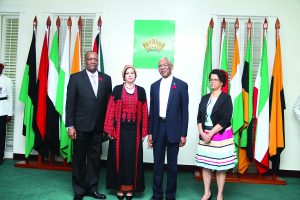 Newly accredited Palestinian Ambassador to Guyana, Dr Linda Sobeh-Ali along with President David Granger, Minister of State Joseph Harmon and Director General of the Foreign Affairs Ministry, Audrey Waddell
