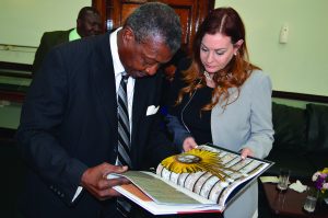 Speaker of the National Assembly, Dr Barton Scotland with Non-Resident Ambassador of Palestine to Guyana, Linda Sobeh Ali 