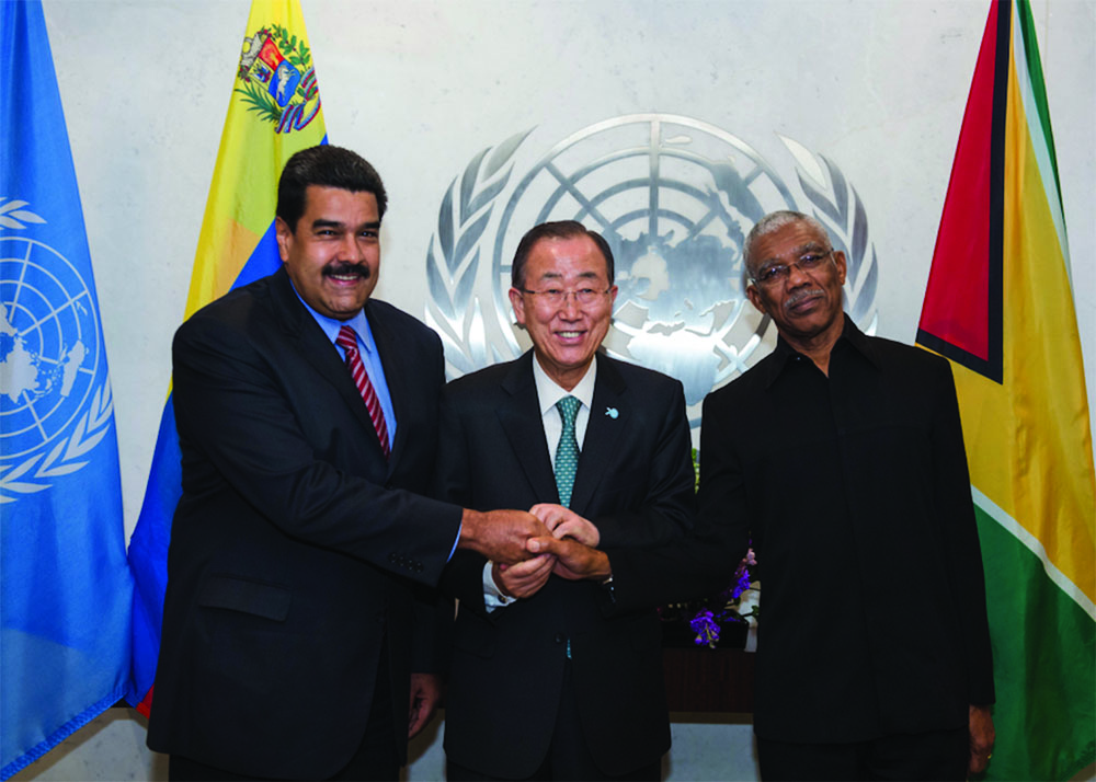 Venezuela’s President Nicolás Maduro along with President David Granger pictured with outgoing United Nation’s Secretary-General Ban Ki-moon 