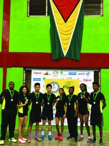 The Guyana team at this year’s Inter-Guiana Games with their silver medals at the National Gymnasium  