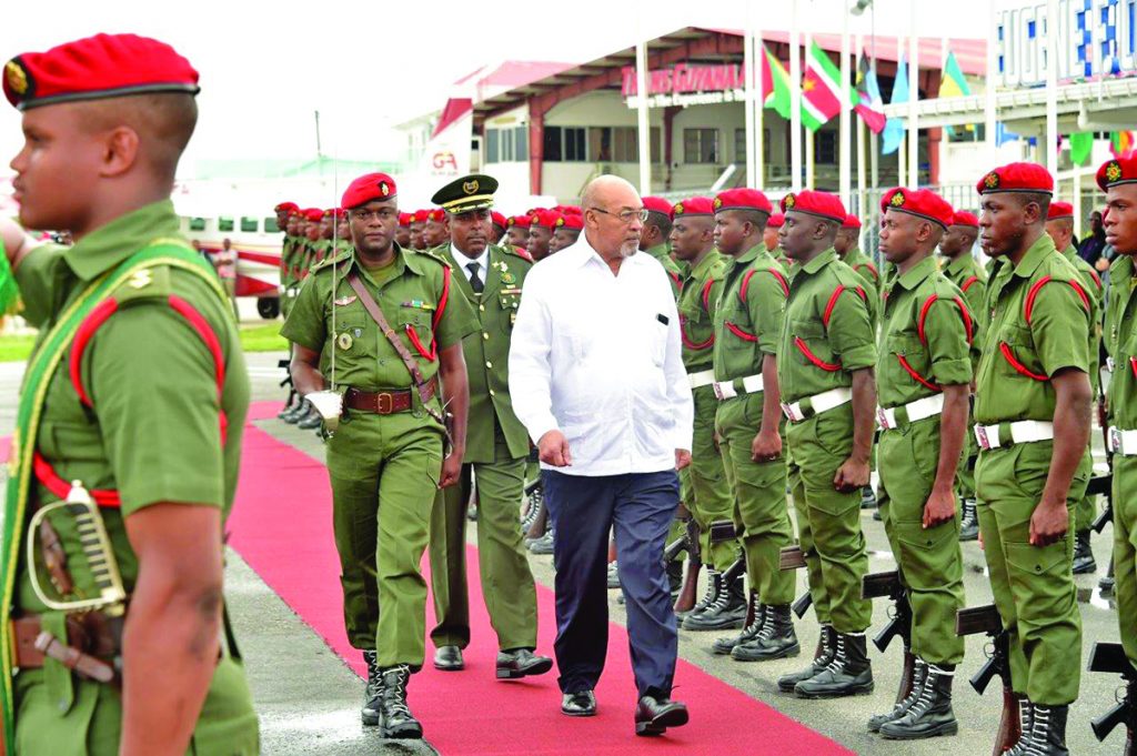 President Désiré Delano Bouterse of Suriname inspecting the Guard of Honour mounted by ranks of the Guyana Defence Force