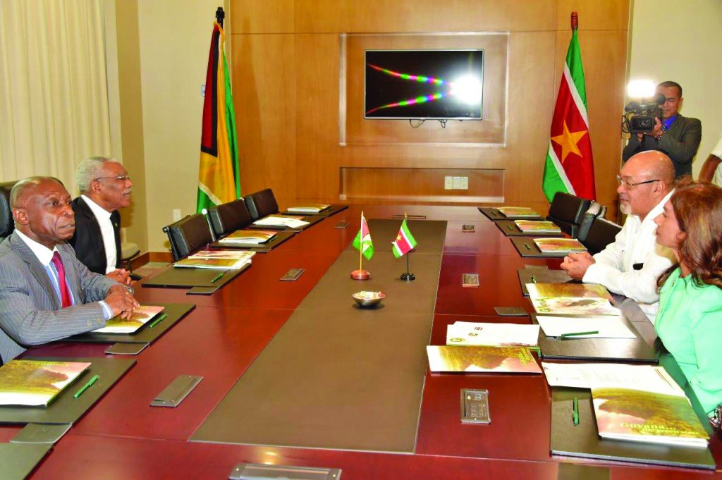 President David Granger and Foreign Affairs Minister Carl Greenidge in a meeting with President Désiré Delano Bouterse and his Foreign Minister, Ambassador Niermala Badrising at the Marriott Hotel 