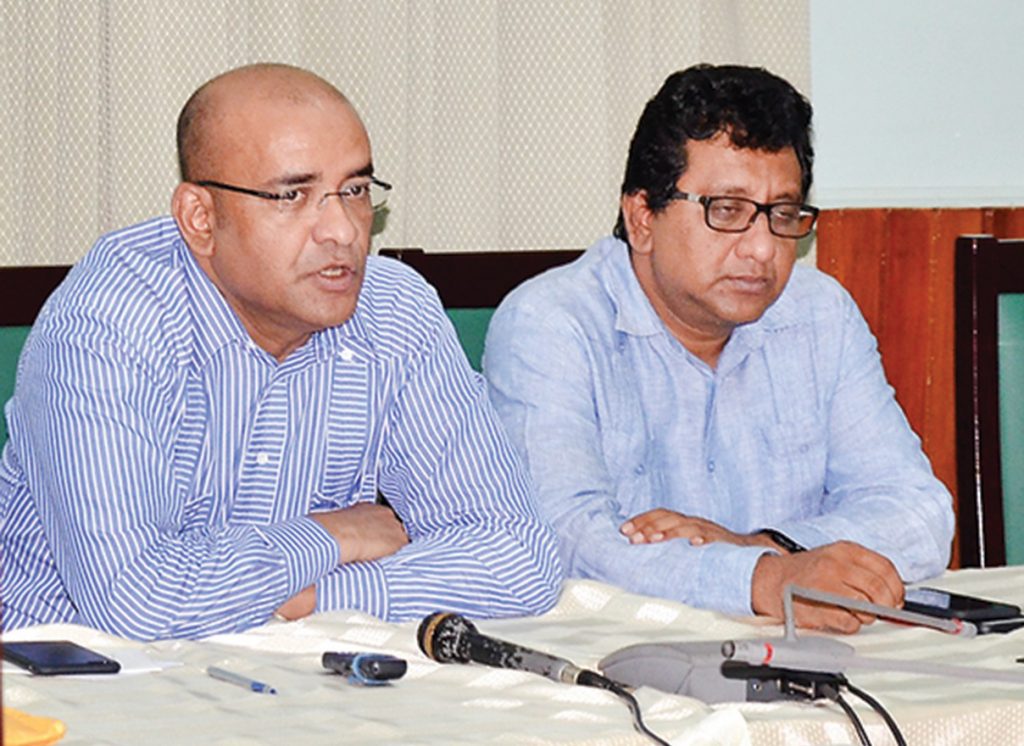 Opposition Leader Bharrat Jagdeo and PPP/C MP Anil Nandlall at a media briefing on Wednesday