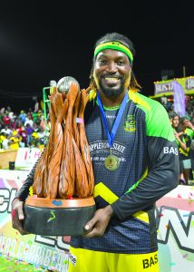 7 August 2016;  Chris Gayle of Jamaica Tallawahs with the winning trophy at the end of Match 34 of the Hero Caribbean Premier League (CPL) – Final at Warner Park in Basseterre, St Kitts. Photo by Randy Brooks/Sportsfile