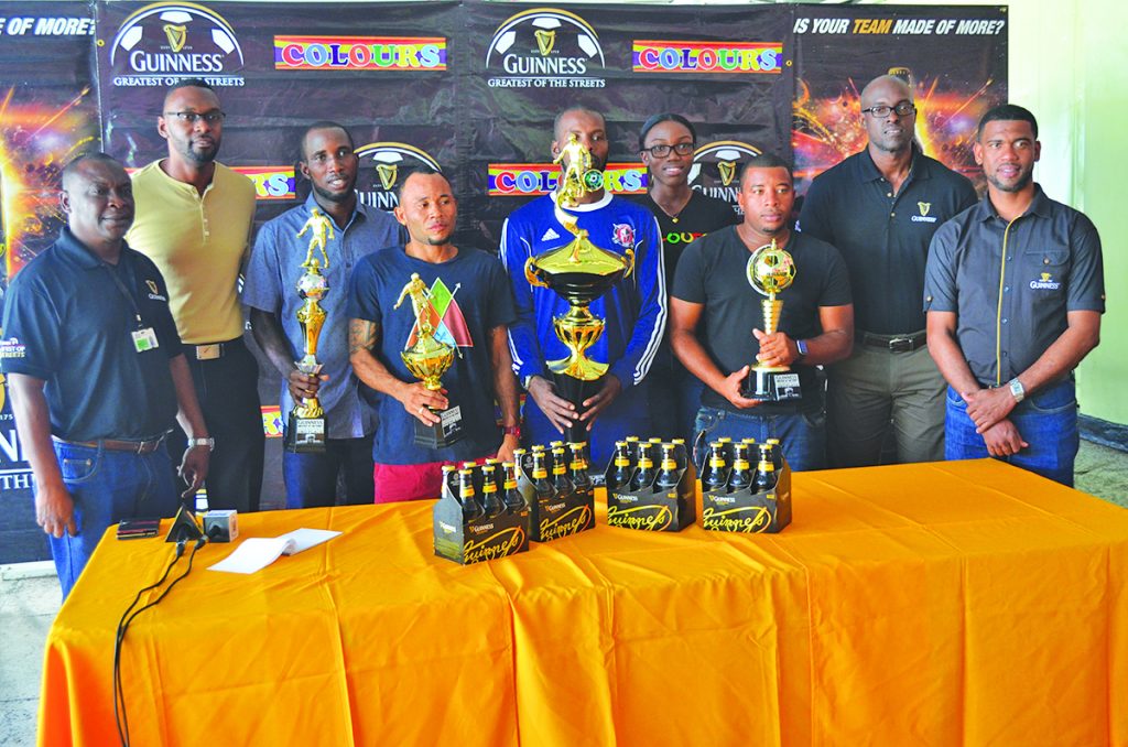 Banks DIH Public Relations Officer Troy Peters (left) Director of Sport Christopher Jones (second from left), Colours Boutique’s Briana Damon (third from right), Guinness Brand Manager Lee Baptiste (second from right) and Brand Manager Errol Nelson