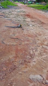 A road at One Mile, Linden. Tyres have been placed to slow erosion