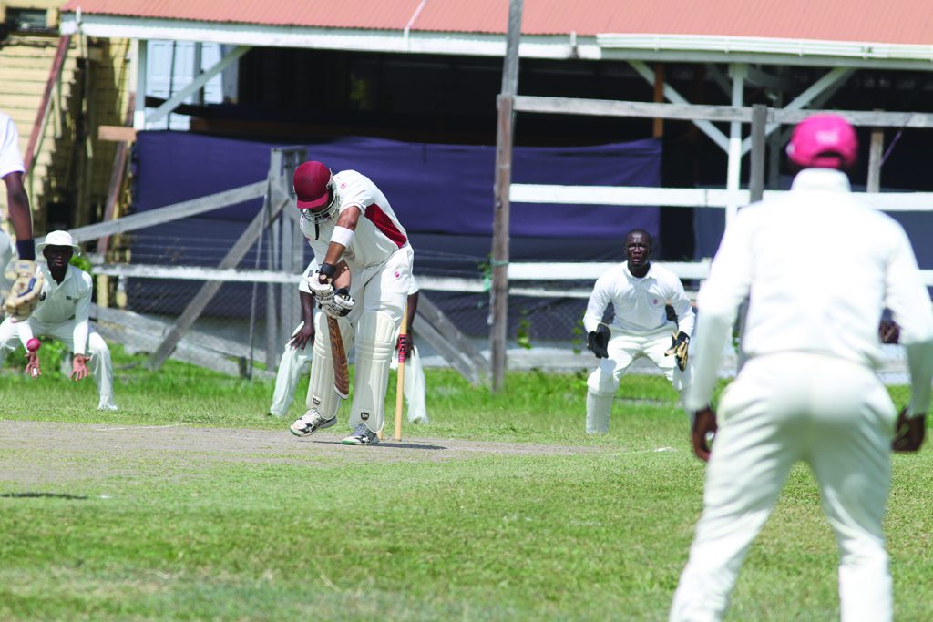 TSC’s opener Ryan Hemraj in defence mode during his team GCA/ Noble House Seafoods semifinal clash against Police