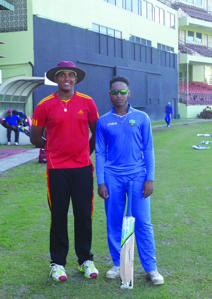 Bhaskar Yadram (left) and Joshua Persaud featured in Guyana Jaguars practice session on Tuesday at Providence