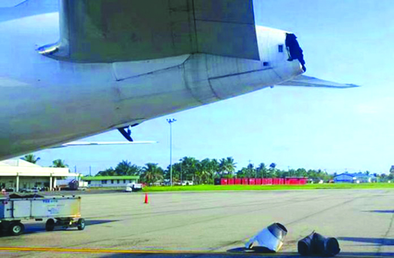 The damaged tail end of the Fly Jamaica aircraft  