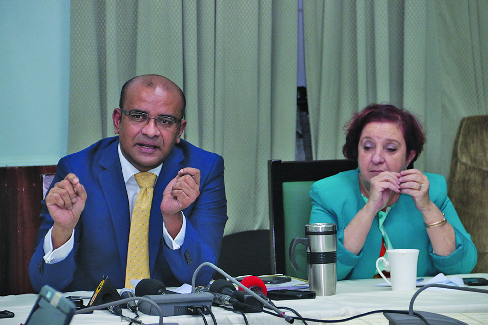 Leader of the Opposition Bharrat Jagdeo and Opposition Chief Whip Gail Teixeira during a press conference on Thursday 