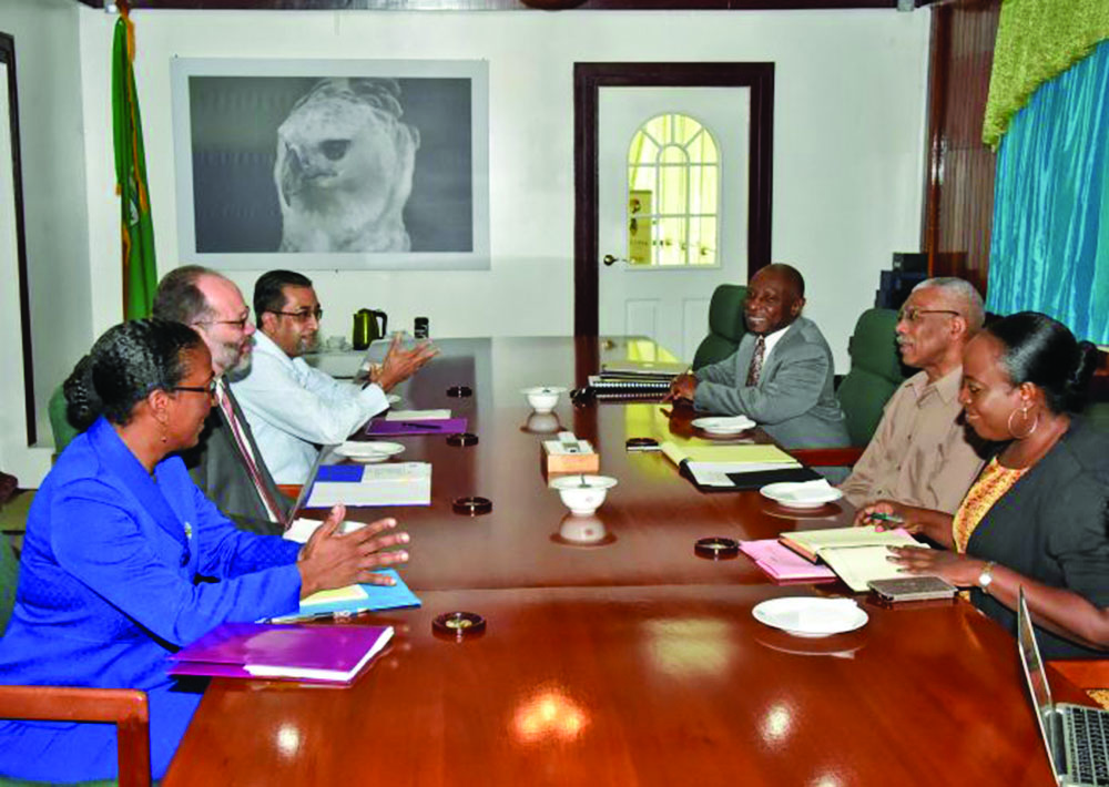 Caricom’s delegation (from left): Executive Director, Human Resource Management at the Caricom Secretariat, Charmaine Atkinson-Jordan; Caricom Secretary General, Ambassador Irwin LaRocque; and Advisor to the Secretary General Neville Bissember. On the right is the Head of the Caricom Unit in the Foreign Affairs Ministry, Charlene Phoenix; President David Granger and Foreign Affairs Minister Carl Greenidge