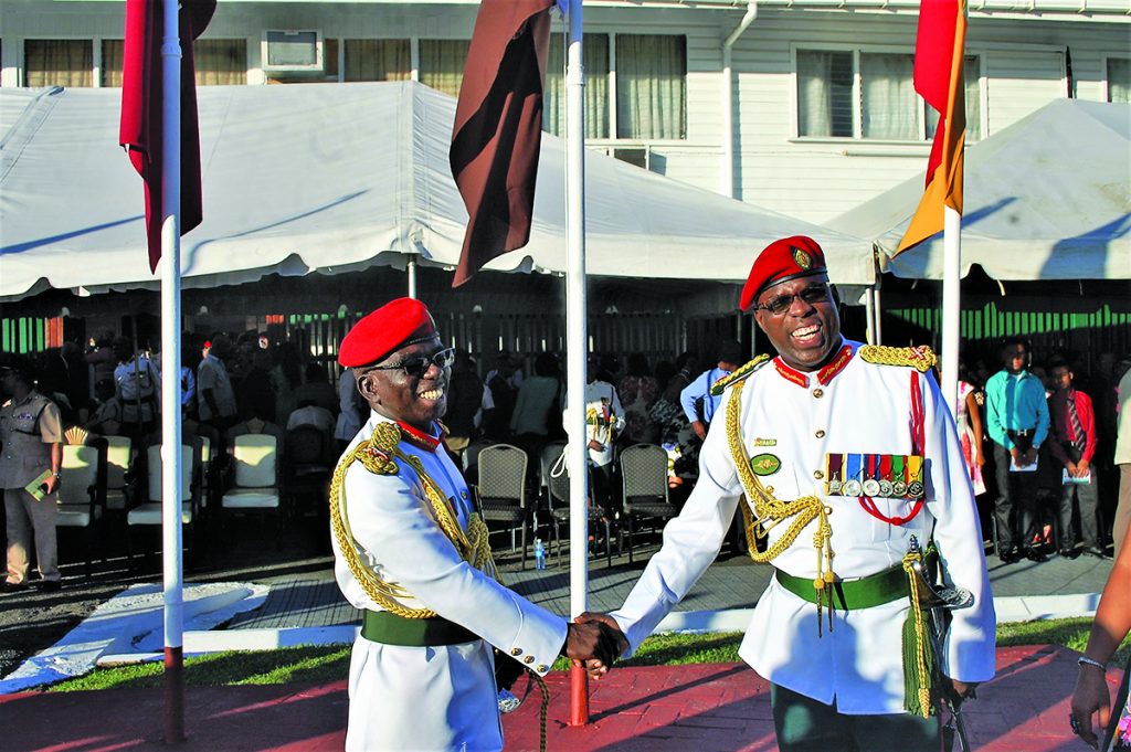 Out going Brigadier George Lewis and his predecessor New Chief-of-Staff Brigadier Patrick West 