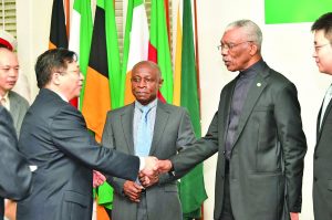 President David Granger greets new Chinese Ambassador to Guyana Cui Jianchun at State House on Wednesday