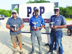 Prizewinners of GSSF’s Practical Pistol Match sponsored by P&P Insurance Brokers. Winner Ryan McKinnon in centre, flanked on the left by Mohamed Qualander (2nd) and on the right by Harold Hopkinson (3rd)