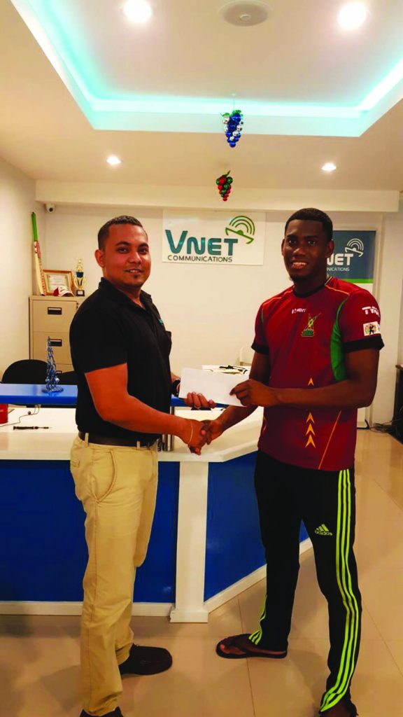 Managing Director of V Net Communication Safraz Sheriffudeen (left) urges Keemo Paul to remain committed