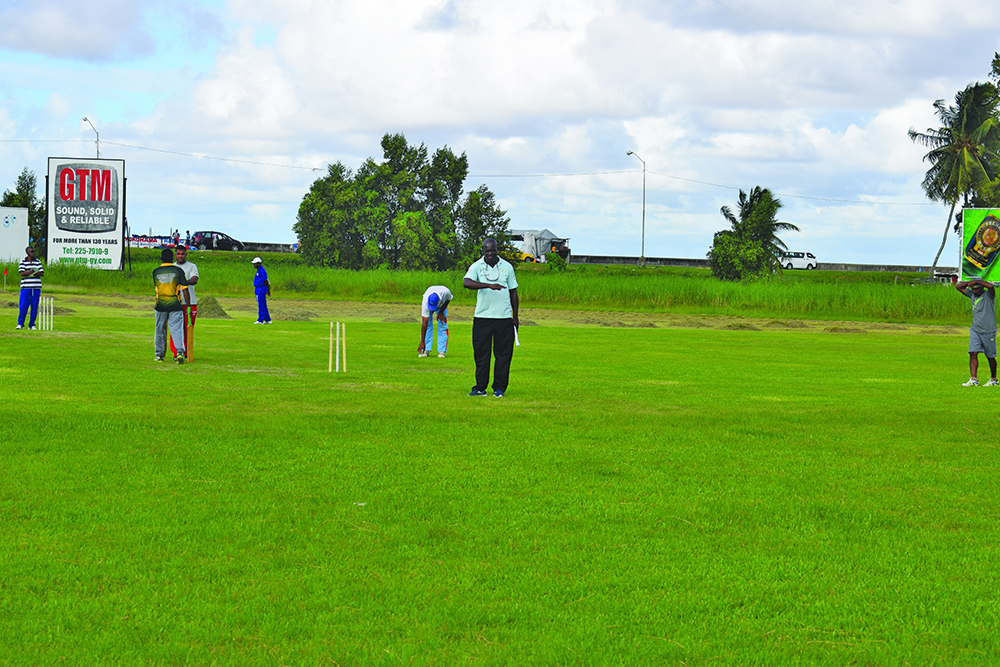 Samuel Kingston performs Umpire duties in the Masters’ match between Ariel and Savage at Everest Cricket Club on Sunday