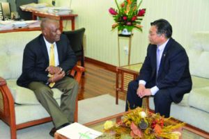 Minister Harmon in discussion with Ambassador Cui Jianchun at the Ministry of the Presidency, earlier today