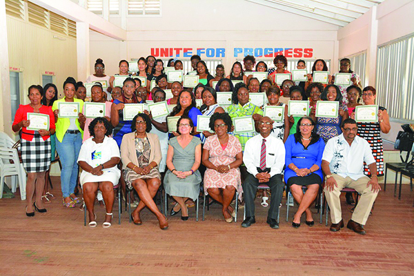 The 46 women who successfully completed the Self-Reliance and Success in Business Workshop at Kildonan, Region Six. Also in picture are Barbara Pilgrim; Lieutenant Colonel (ret’d) Yvonne Smith; First Lady Sandra Granger; Deputy Director of the University of Guyana, Berbice Campus Paulette Henry; and  Region Six Chairman David Armogan 