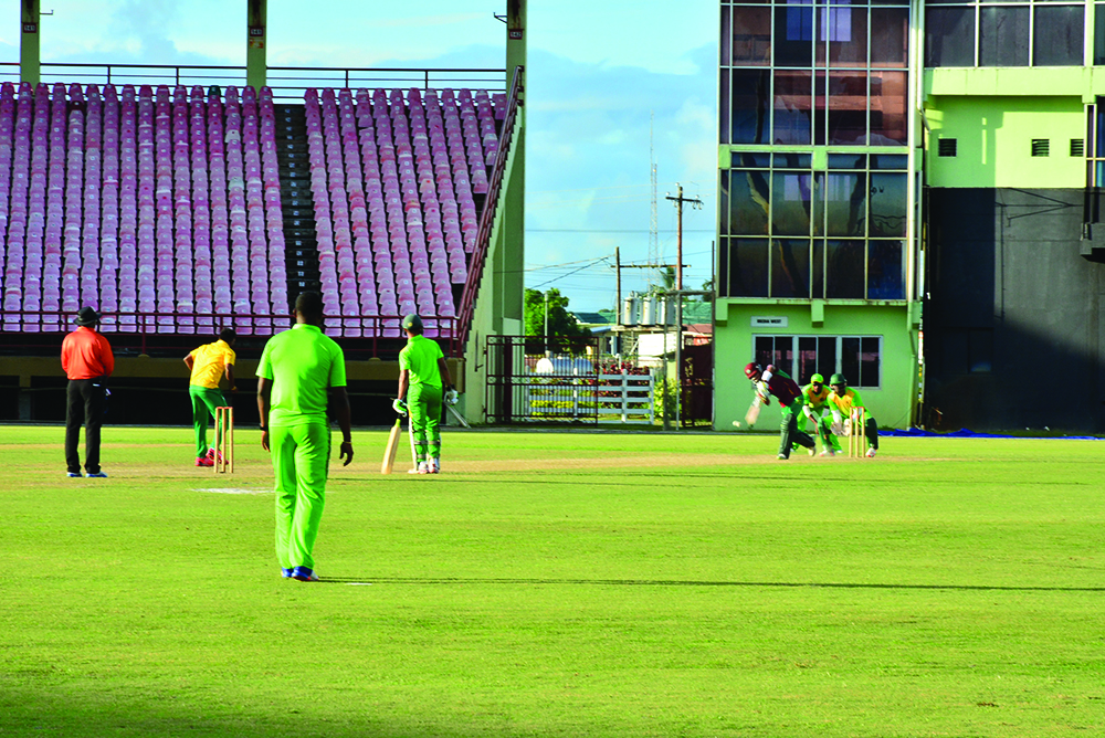 Tevin Imlach drives Veerasammy Permaul during his brief stay at the crease 