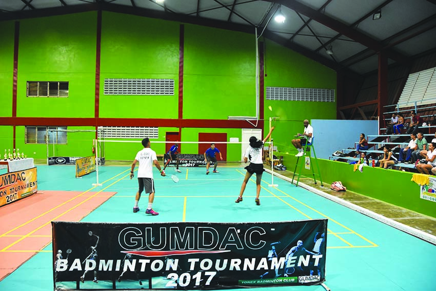  Action in GUMDAC badminton men’s doubles tournament at the National Gymnasium 