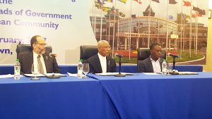 President David Granger is flanked by Caricom Secretary General Irwin LaRocque and Incoming Chairman of the Caricom, Dr Keith Mitchell, Prime Minister Grenada 