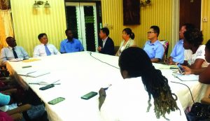 From left: Region 10 Chairman Renis Morian; Chinese Ambassador to Guyana, Cui Jianchun; along with Mayor Carwyn Holland at the Watooka Complex, Linden 