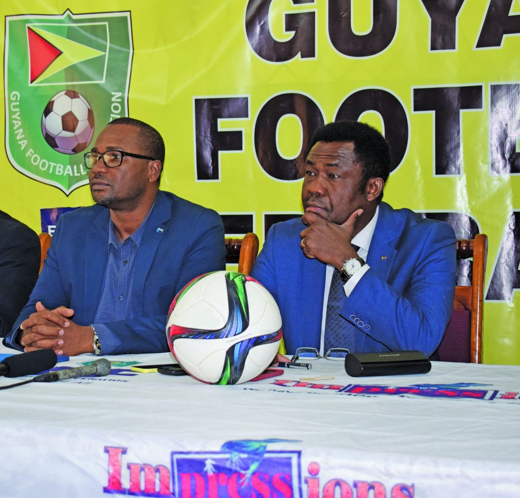 FIFA Director, Veron Mosengo-Omba (right) and GFF President Wayne Forde at the recent press conference hosted by the Guyana Football Federation at their headquarters  