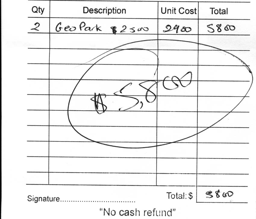 The invoice received from the purchase of the GeoPark card 