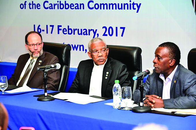 Caricom Secretary General, Ambassador Irwin LaRocque; Caricom Chairman David Granger; and Grenadian Prime Minister Keith Mitchell at Friday’s press briefing 