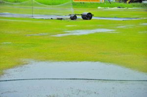 The soggy outfield that prevents practice session yesterday at Everest Cricket Club ground  