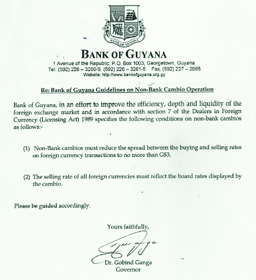 The circular dispatched by the Bank of Guyana 
