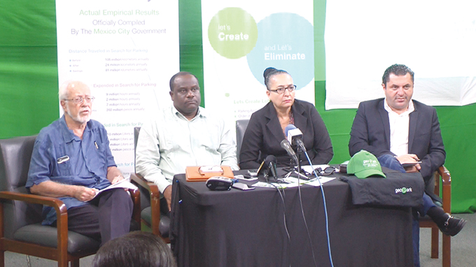 From left: Public Relations consultant Kit Nascimento, Town Clerk Royston King, Mayor Patricia Chase Green and Head of Smart City Solutions Amir Oren during the press briefing at National Communications Network obn Friday