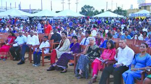 (Second from left) Indian High Commissioner V Mahalingam; President David Granger; a young guest; Ravi Dev and his wife; Ryhaan Shah; Dr Seeta Shah-Roth; Social Cohesion Minister, Dr George Norton at a Mela organised in commemoration of the 100th anniversary of the Abolition of Indian Indentureship in Guyana 